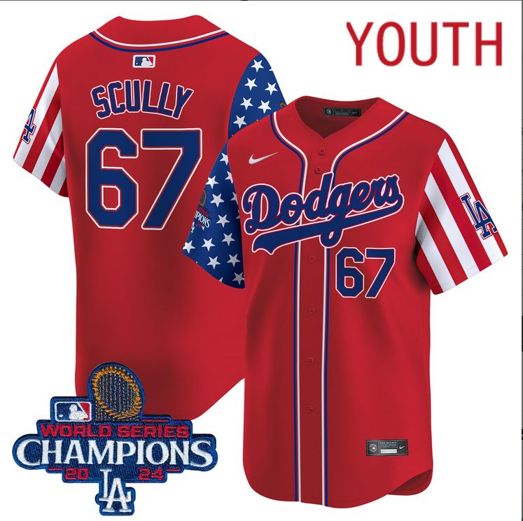 Youth  MLB Los Angeles Dodgers #67 Scully American Style red 2024 World Series Champions  Limited Jersey